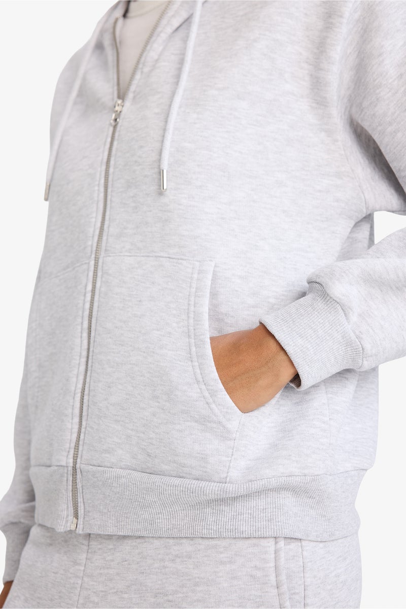 DeFacto Grey Woman Relax Fit Basic Thick Fabric Zip-Up Hoodie Casual - Image 4